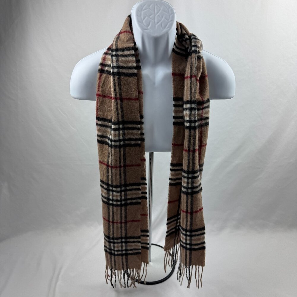 Murano 100% Cashmere Tan Black Red Plaid Rectangle Scarf 65" x 11"